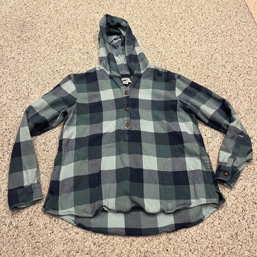 LL Bean Soft Brushed Flannel Hoodie Sz S Petite Blue Blais Outdoor Cabincore